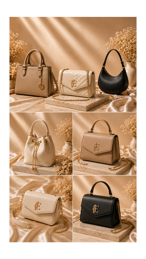 A six-panel collage showing four handbags in different colors and styles, arranged on draped satin fabric with dried flowers. The bags include structured top-handle styles, flap shoulder bags, and a crescent moon bag, in beige, cream, and black, with gold-tone hardware and monogram details.