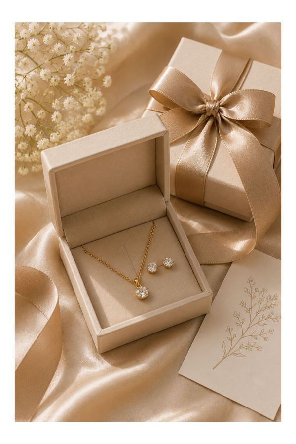 Gold necklace and matching stud earrings displayed in an open cream jewelry box, styled with a cream gift box tied with a satin ribbon, dried flowers, and a card on draped satin fabric.